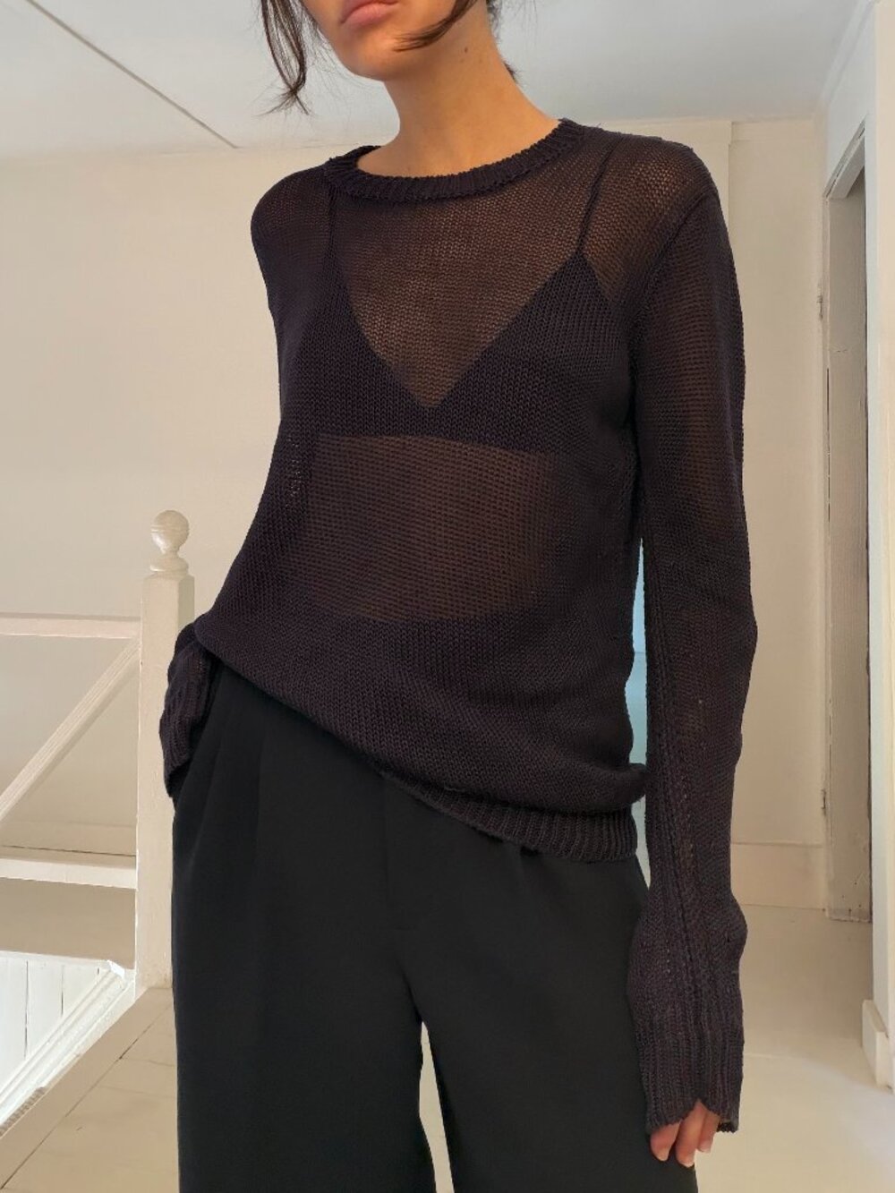 Golden Goose Silk Linen Sheer Open Knit Bias Cut Crewneck Sweater Navy